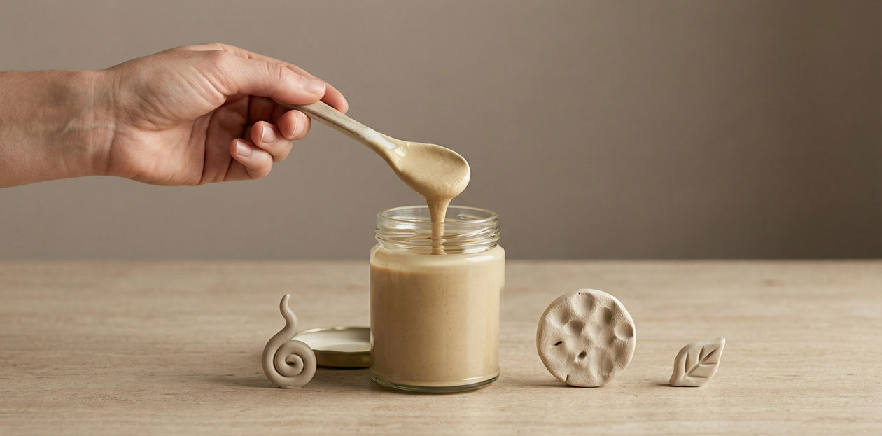 قاشق ارده بالای شیشه باز با تأکید بر معیارهای انتخاب مثل بو، بافت و تازگی